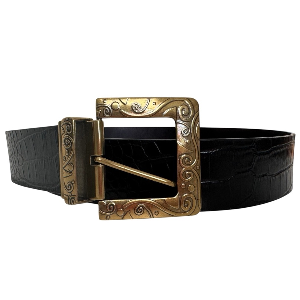 Anthropologie Black Embossed Reptile Lizard Leather and Gold Statement Belt